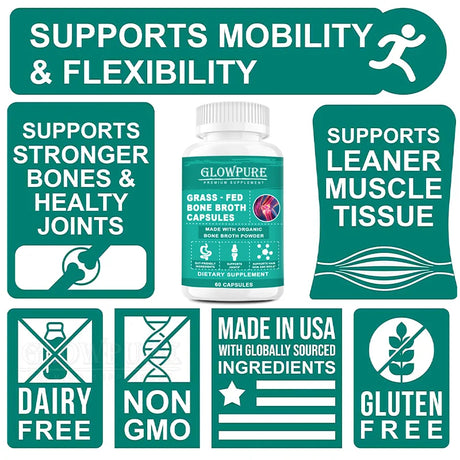 Bone Broth Collagen Protein Capsules - Grass-Fed Collagen Powder for Skin & Bones Joint Health and Flexibility Paleo Friendly