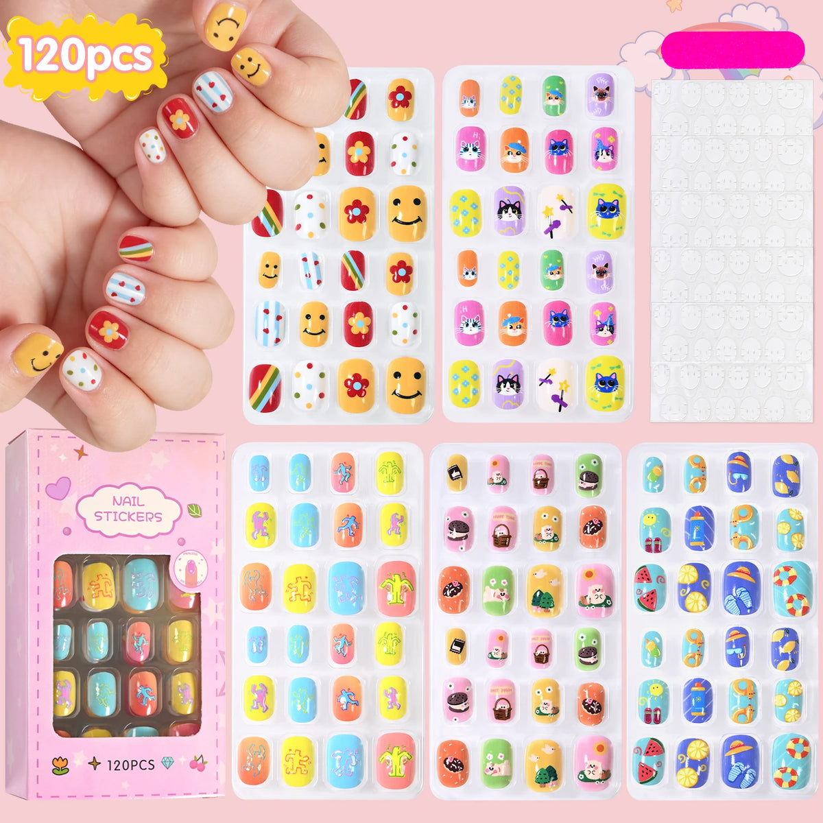 120Pcs Children's Press on Nails Kids Cartoon Acrylic Fake Nails Tips Kawaii Girl Full Cover Short False Nails With Jelly Glue#@