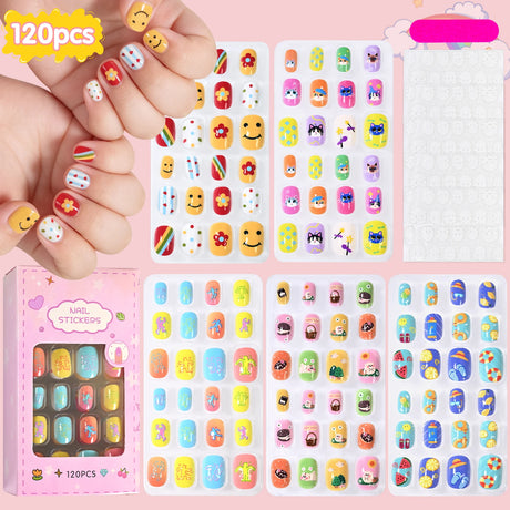 120Pcs Children's Press on Nails Kids Cartoon Acrylic Fake Nails Tips Kawaii Girl Full Cover Short False Nails With Jelly Glue#@