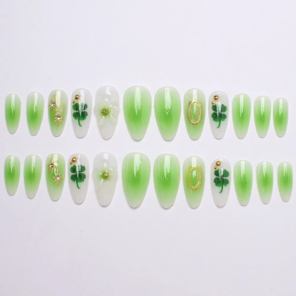 24PCS Juicy Red Cherry Hand Painted Press on Nails Vivid French Border Jelly Clear Almond Shape Fake Nails Summer Vibe