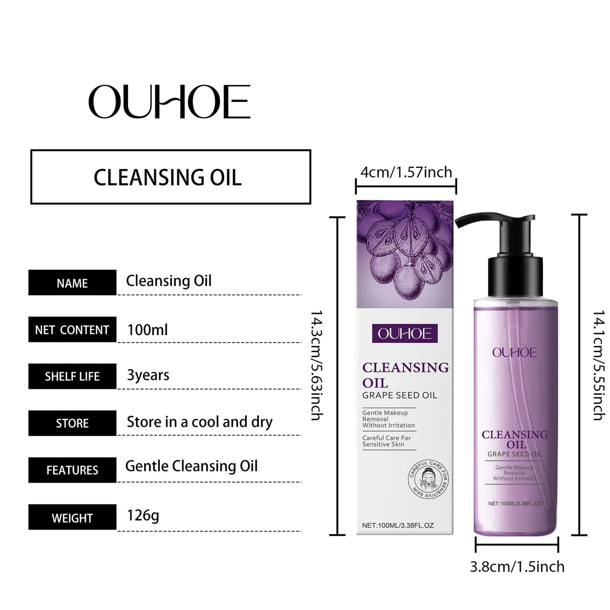 Grape Seed Cleansing Oil Makeup Remover for Sensitive Skin Non-Tightening Deep Purifying Hydrating Refreshing Facial Oil Control