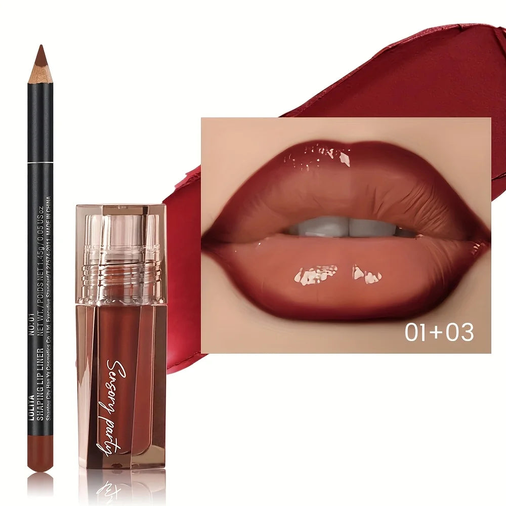 2pcs Lip Liner Pencil & Hydrating Lip Gloss Set, Glossy Finish, Smooth Define Lips, Non-Sticky Long Lasting, Daily Makeup