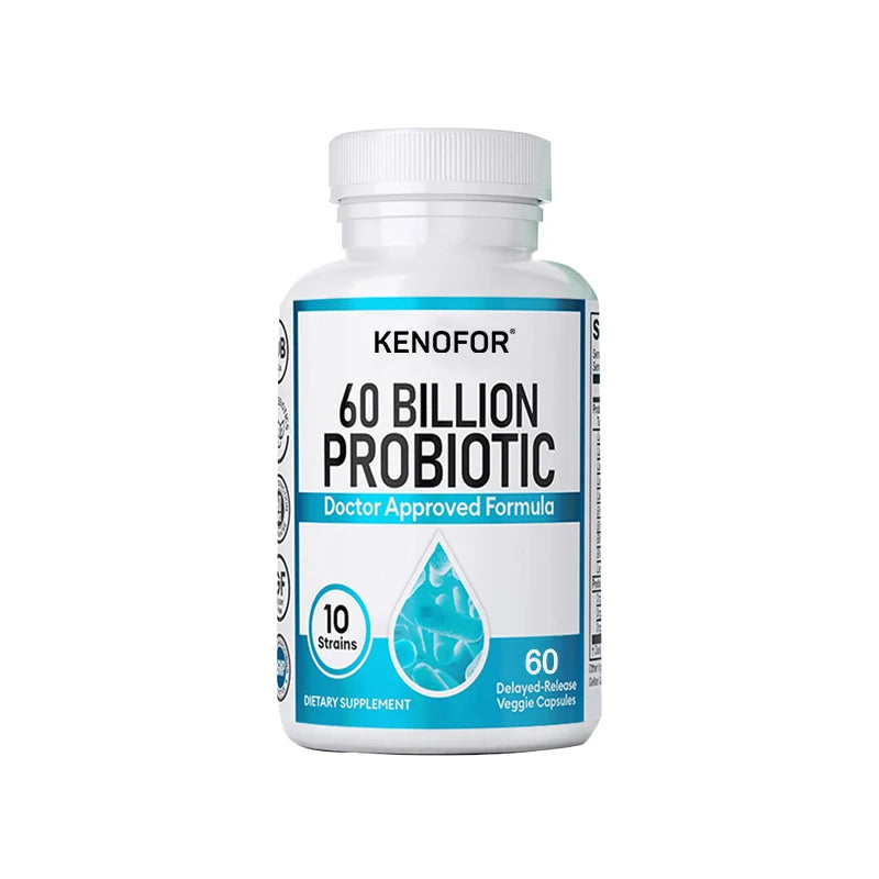 60 Billion CFU Probiotic Capsules with 10 Strains and Organic Prebiotic Fiber, Daily Digestive Wellness Supplement, 120 Count