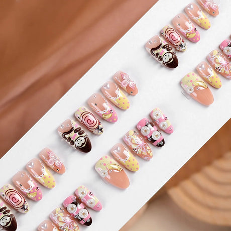30pcs Japenese Series False Nail Cute Cartoon Monkey Flower Heart Pearl Decor Press On Nails Sweet Ballet French Style Fake Nail