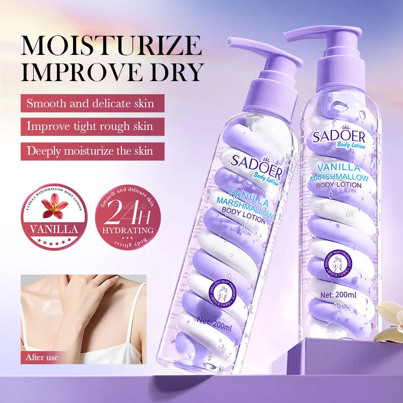 Vanilla Marshmallow Body Lotion Smooths and Refines Skin, Improves Dryness, Tightness, and Roughness, and Moisturizes the Skin.
