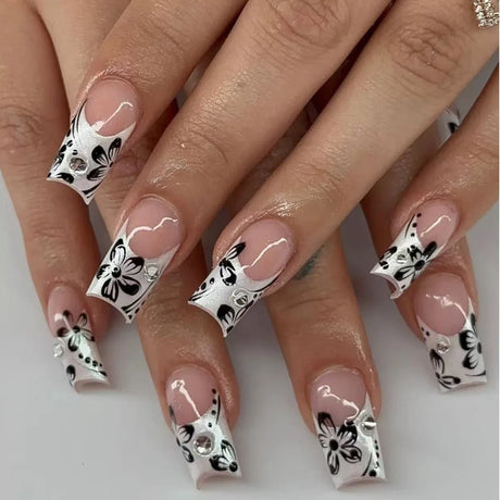 Mid-length Coffin Fake Nails 24Pcs White French Tip Ballerina Press On Nail Pink/White Flower Printed Spring/Summer DIY Manicure