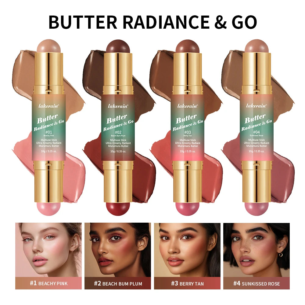 Butter Glow & Go Multiuse Stick Double-Headed Bronzer Blush Stick for Cheeks Contours Light Glossy Bronze&Pink Blusher Cosmetics
