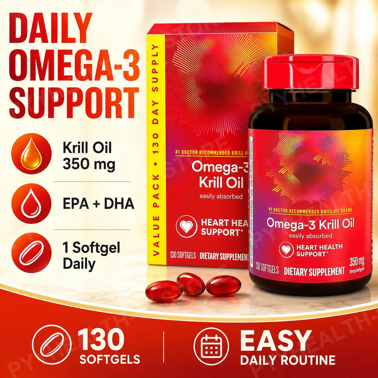 Omega-3 Krill Oil 350mg Softgels 130 Count, EPA DHA with Phospholipids & Astaxanthin, Daily Wellness Support for Men & Women