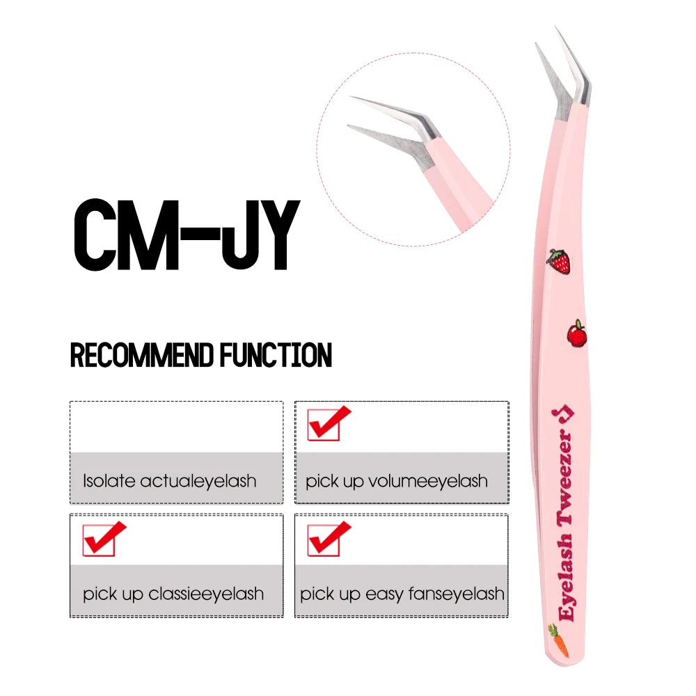 GEMERRY Eyelash Pink Strawberry Stainless Steel Superhard Tweezers For Lash Extension High Precision Anti-Static Makeup Tweezer