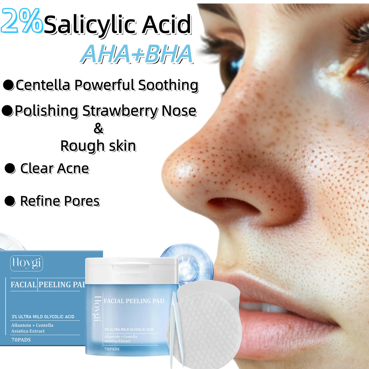 Salicylic Acid Acne-Clearing Toner Pads,Dual Action Exfoliation,Deep Clear Acne&Refine Pores,Centella+Allantoin,Soothing&Anti Redness,Polish Strawberry Nose&Rough Texture,Hydrating&Non-tightening,Convenient Dual Textured Pads