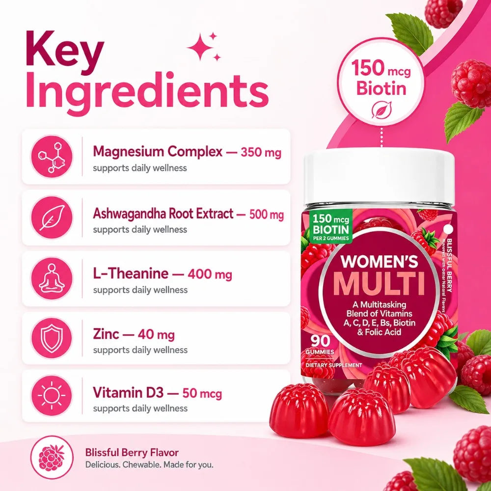 Women's Multivitamin Gummies 90 Count with Biotin Folic Acid Vitamins A C D E B, Berry Flavor Daily Wellness Supplement