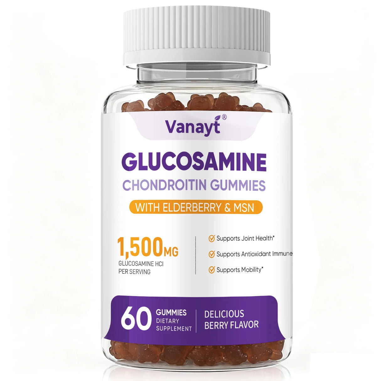 Vanayt Glucosamine Chondroitin Gummies with MSM & Elderberry 1500mg Daily Joint Wellness Support Supplement 60 Chewable Gummies