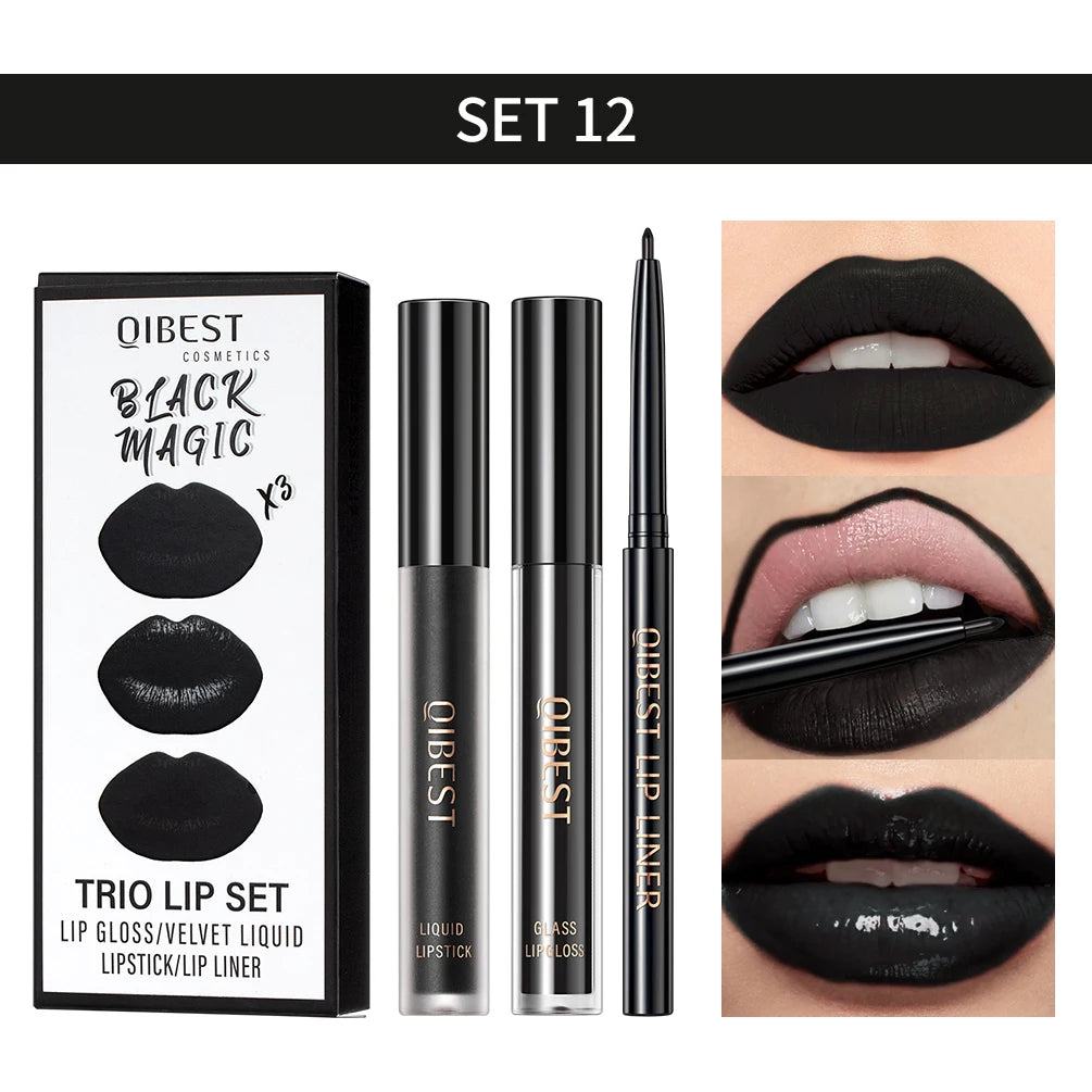 QIBEST 3pcs/set Liquid Lipstick+Lip Liner Lasting Black Brown Purple Red Matte Lip Gloss Nude Lip Stain Tint Makeup Lip Pencil