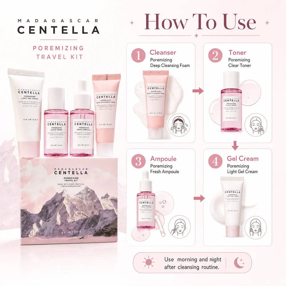 Centella Hyalu-Cica and Poremizing Travel Kit,Toner, Ampoule Serum,Face Moisturizer Cream and Night Sleeping Pack Mini 4pcs Set