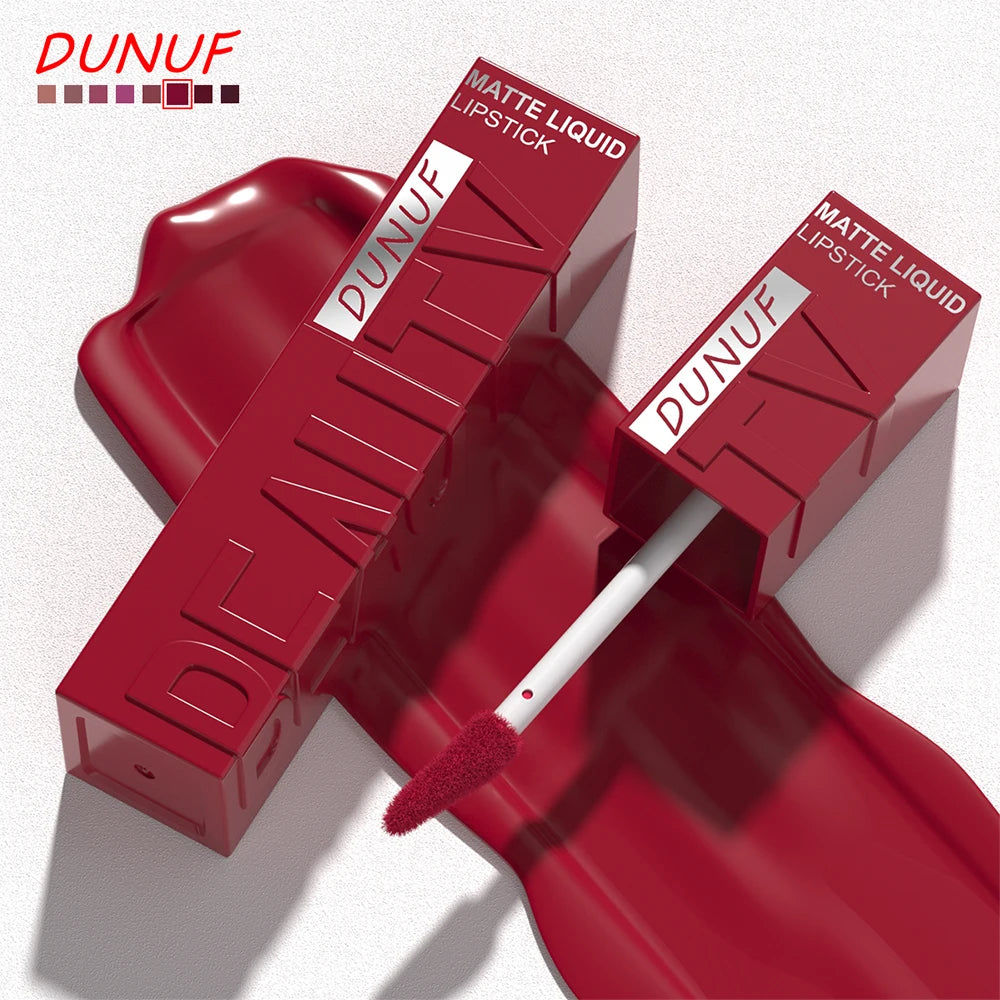 DUNUF Matte Velvet Lip Gloss, 3D Plumping & Waterproof, Square Tube Lipstick, Easy Application, 8 Shades (All-in-One)