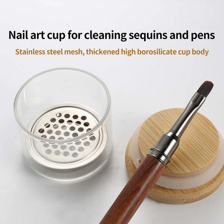 Nail Brush Cleaner Cup Wash Pen Brush Cup with Stainless Steel Mesh Base Nail Drill Bits Cleaning Container Crystal Glass Cup