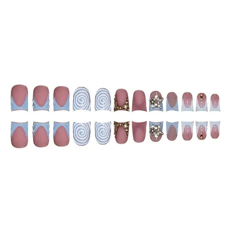 24pcs Short Duckbill False Nails Wearable Blue French Fake Nails Star Flash Rhinestones Decor Gradient Y2k Nails Press on 2030