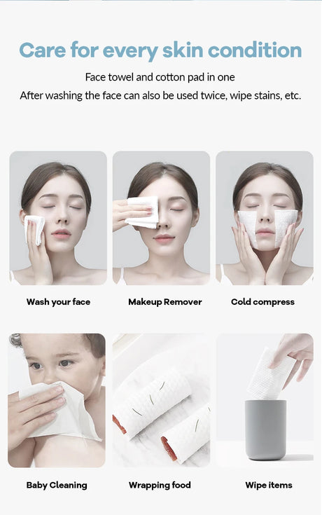 100PCS Natural Disposable Face Towel Travel Facial Cleansing Wet And Dry Makeup Remover Pearl Cotton Soft Makeup Nonwoven Towel