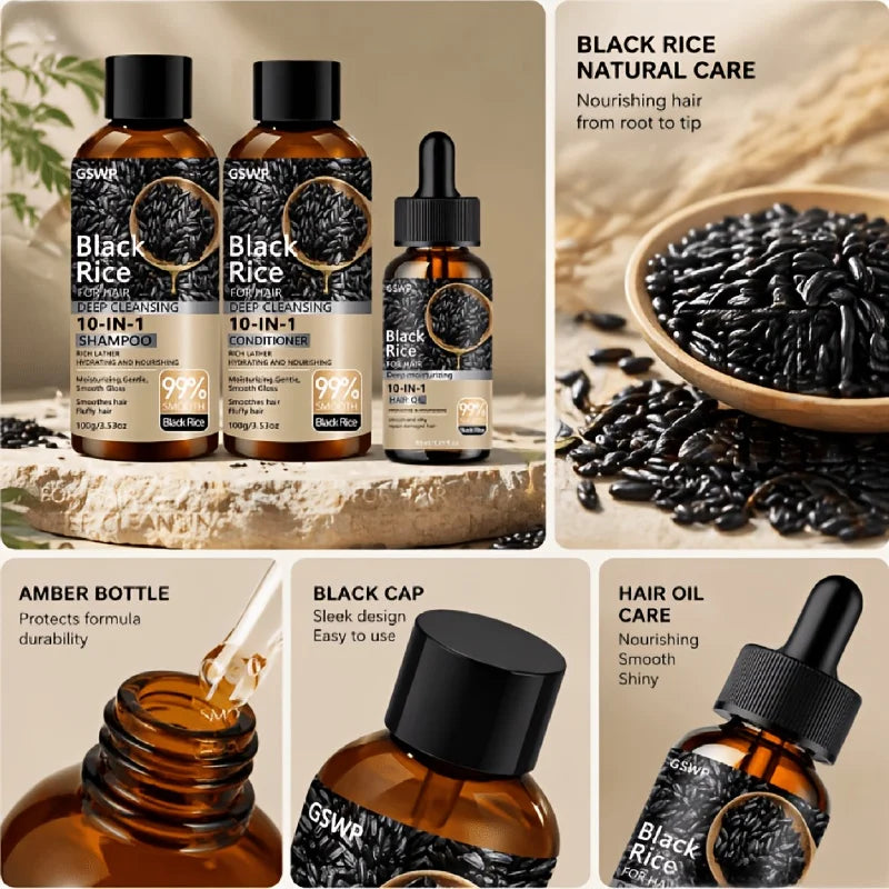 GSWP 10-in-1 Black Rice Moisturizing Shampoo Conditioner Set: Gently Cleanses, Reduces Frizz, Brightens Hair Shine. 200g + 30ml