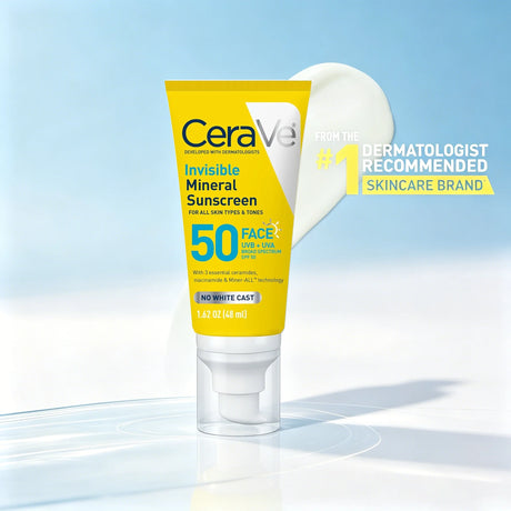 CeraVe Invisible Mineral Sunscreen SPF 50, Face for Sensitive Skin, Niacinamide, Ceramides, Vitamin E, Oil Free, 1.62 oz