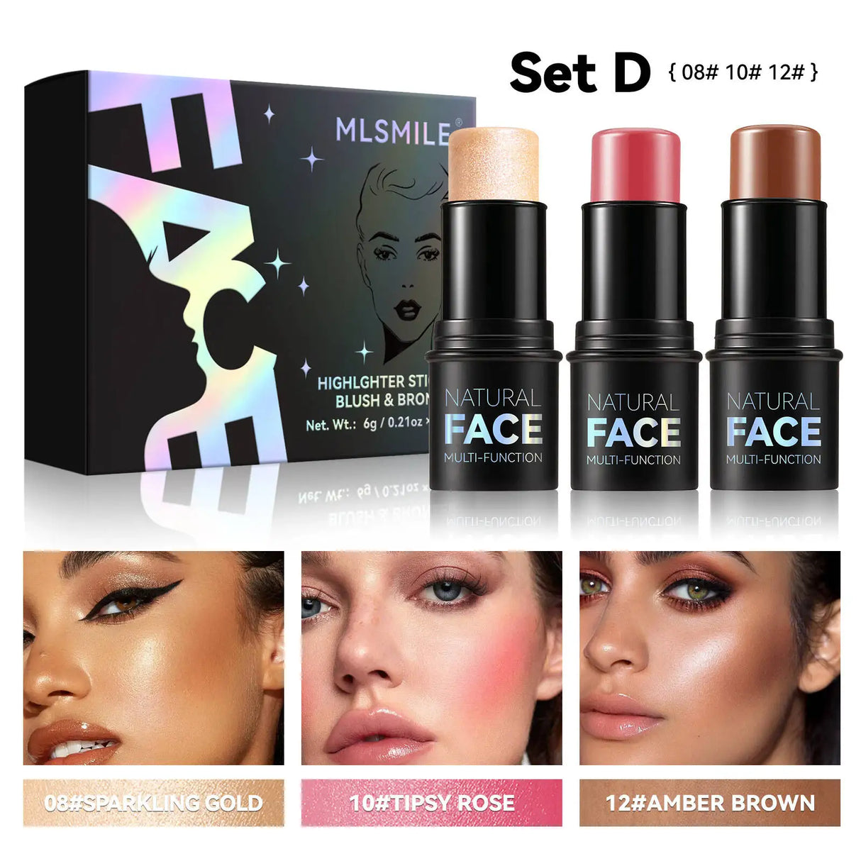 MLSMILE Highlight Contour 3-pack For 3D Makeup Brightening Skin Tone Face Blush Stick 3 Pcs Set 2025 New