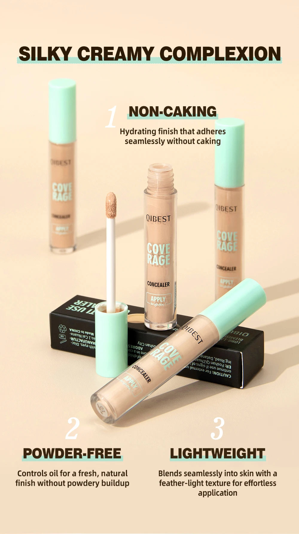 QIBEST 3D Full Coverage Concealer Long Lasting Liquid Concealer For Dark Circles Natural Finish Seamless Blend Under Eye Makeup