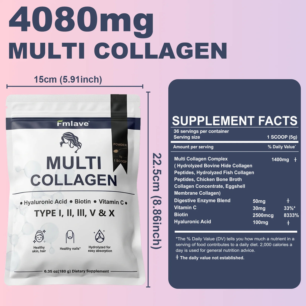 Fmlave Ingredients Multi Collagen Peptides Powder, – Hydrolyzed Type I,II,III,V,X with Biotin, Hyaluronic Acid, Vitamin C – Unflavored Collagen for Women & Men, Easy Dissolve