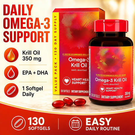 Omega-3 Krill Oil 350mg Softgels 130 Count, EPA DHA with Phospholipids & Astaxanthin, Daily Wellness Support for Men & Women