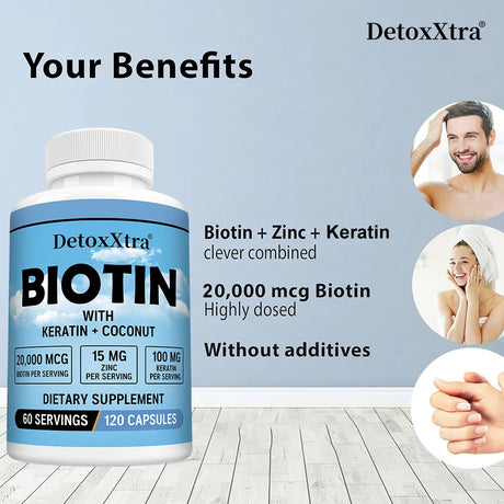 Biotin 20000mcg + Zinc + Keratin Capsules - Hair Growth, Strong Nails, Radiant Skin & Joint Support, Anti-aging Supplements
