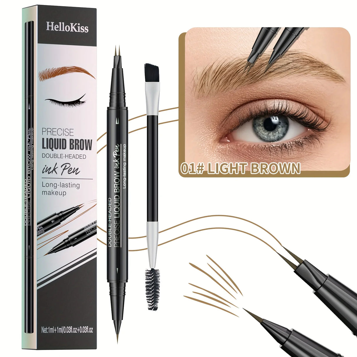 Waterproof Dual-Tip Liquid Eyebrow Pencil, Available in Light Brown, Brown, Dark Brown, Dark Black, and Black, Multi-Pack, for Natural Eyebrow Makeup, Quick-Drying, Sweat-Proof, Smudge-Proof, with Eyebrow Brush, Dual-Tip Liqu