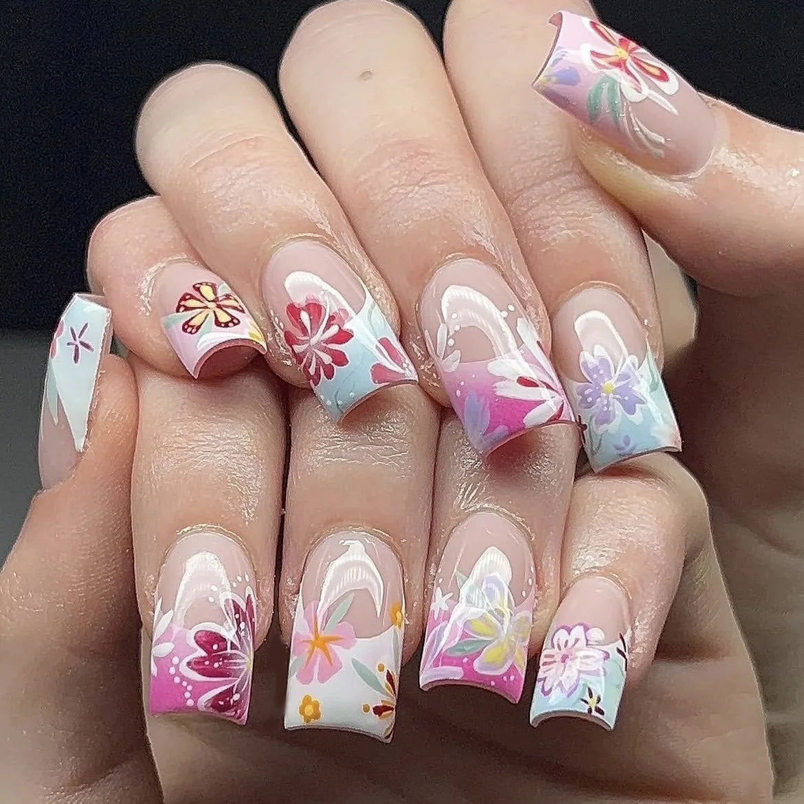 Mid-length Coffin Fake Nails 24Pcs White French Tip Ballerina Press On Nail Pink/White Flower Printed Spring/Summer DIY Manicure