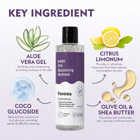 KOEC PH Balancing Feminine Cleansing Gel 180ml, Plant Extract Intimate Wash Eliminate Odor & Bacteria, Aloe Vera Moisturize for Underarms Bikini Thighs Full Body Daily Care