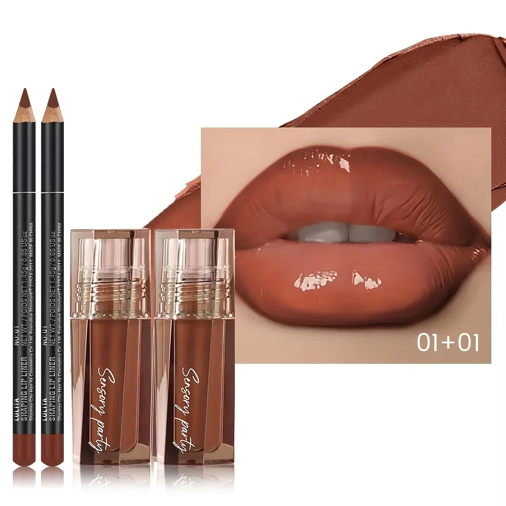 2pcs Lip Liner Pencil & Hydrating Lip Gloss Set, Glossy Finish, Smooth Define Lips, Non-Sticky Long Lasting, Daily Makeup