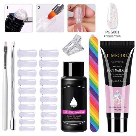 Limegirl Poly Nail UV Gel Set for Nails Quick Extension Building Soak Off UV Polys Nail Gel Kit Manicure Art Decoration Tools