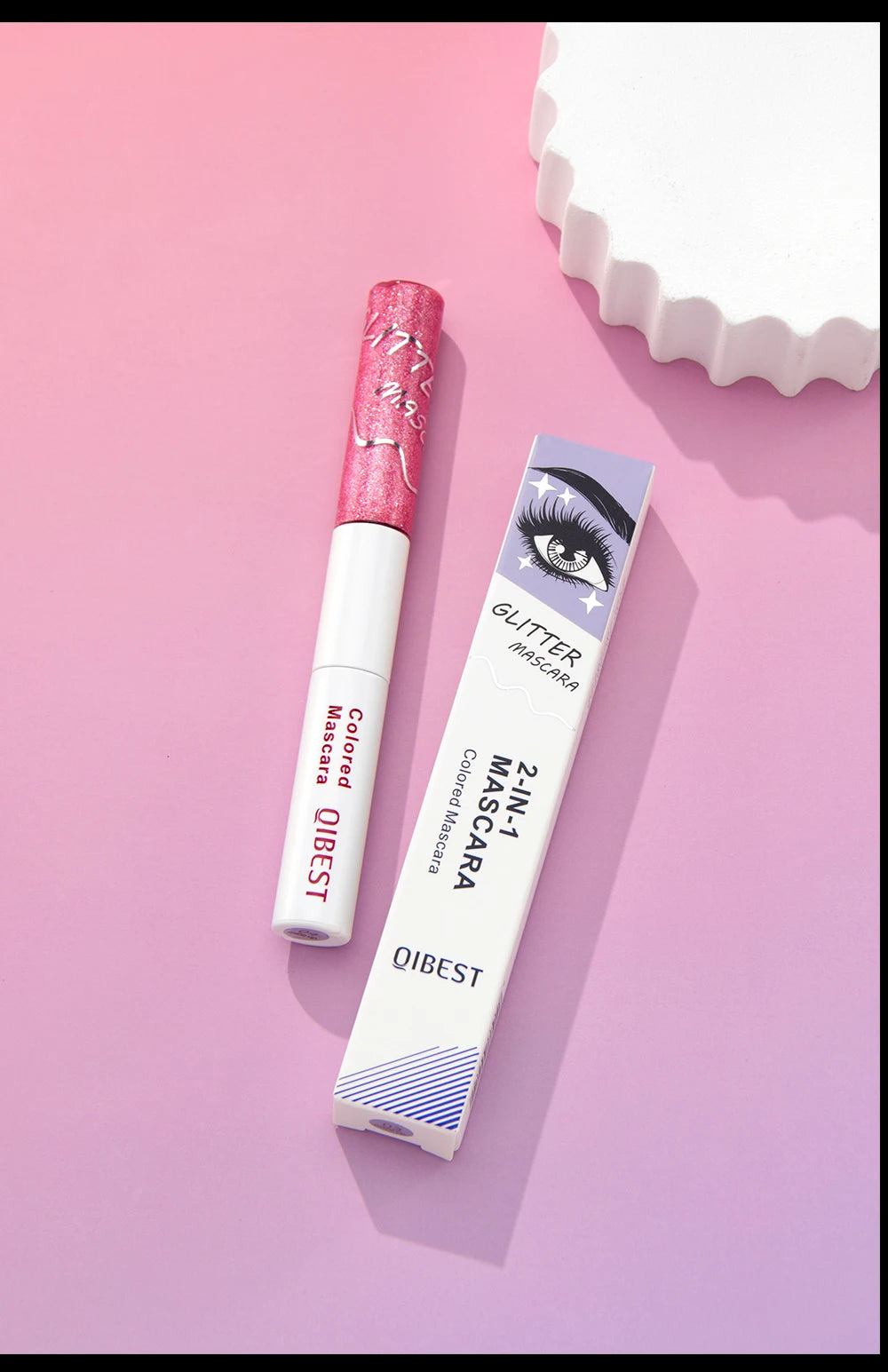 QIBEST Double Headed Diamond Glitter Mascara Long Lasting Colored Mascara Eyelashes Pink Blue Red Voluminous Waterproof Mascara