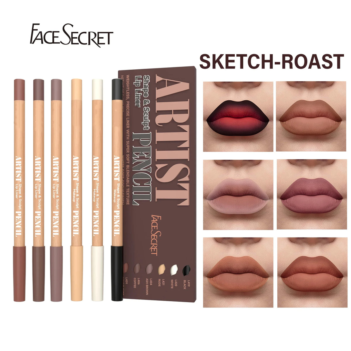 Face Secret Artist Shape Sculpt Lip Liner Pencil Set, Weightless Precise Liner with Super Soft Blendable Texture Matte Soft