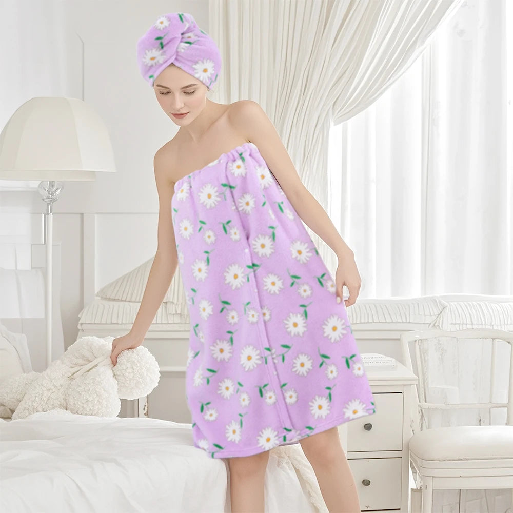 2 Pcs Combination Set Bath Skirt + Shower Cap Daisy Pastoral Style Wearable Bath Towel Skirt Hair Wrap Flower Soft & Absorbent