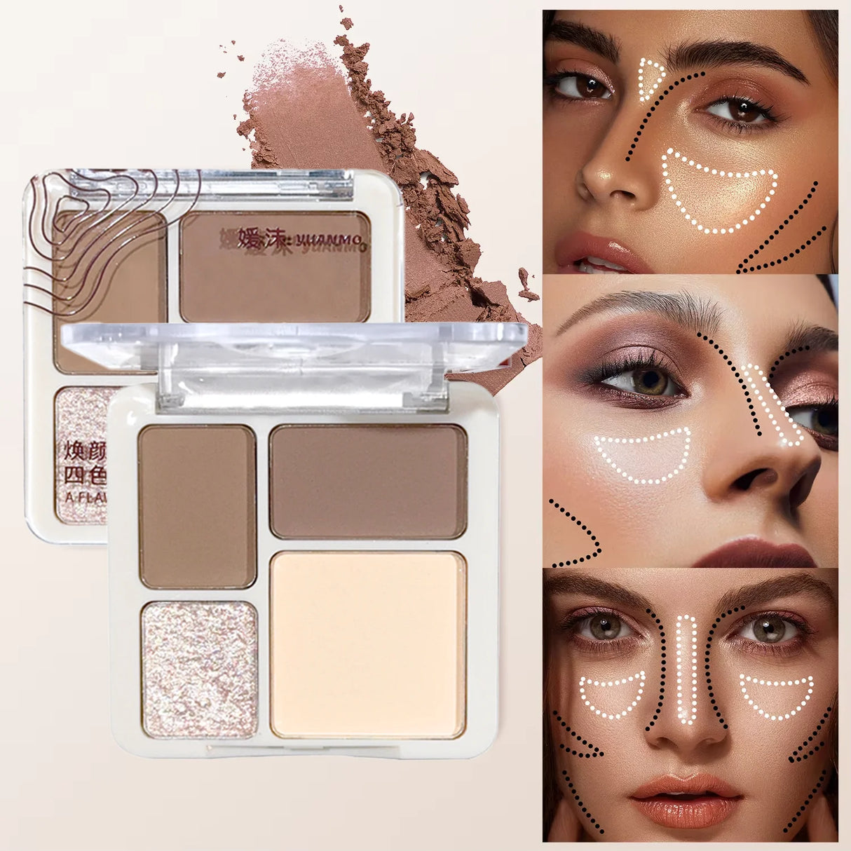 The four-color highlighter contour palette is matte and long-lasting, brightening three-dimensional contours