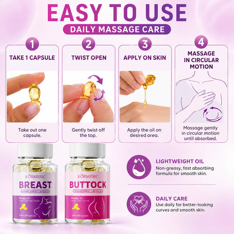 Breast Buttock Enlargement Massage Oil Capsules, Women Body Curve Enhancer, Hip Breast Firming Plumping Serum, Fuller Shape 30pc