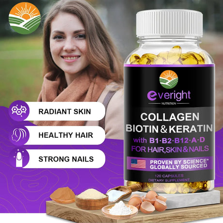 Biotin Hyaluronic Acid, Collagen Keratin –Hair Growth Vitamin – Nails & Skin, B1, B2, B6, B12 Complex Supplement for Men &Women