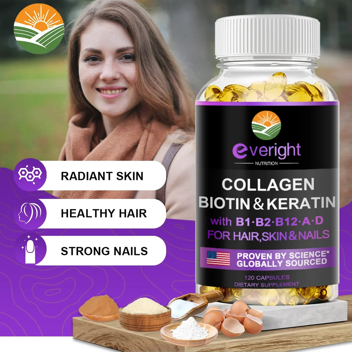 Biotin Hyaluronic Acid, Collagen Keratin –Hair Growth Vitamin – Nails & Skin, B1, B2, B6, B12 Complex Supplement for Men &Women