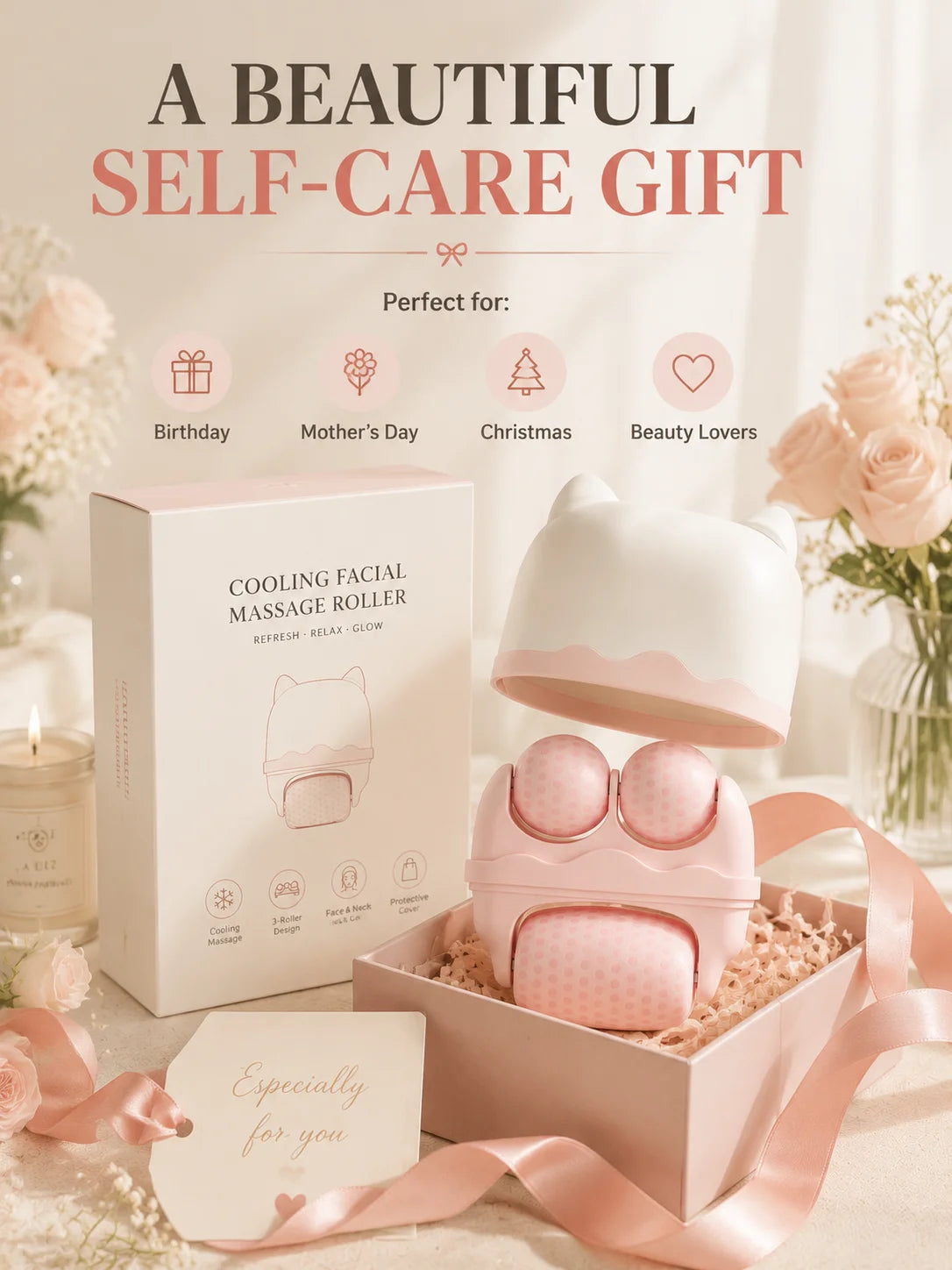 3 Roller Ice Face Roller Cooling Facial Massager with Cat Ear Storage Case Reduce Puffiness Jawline Neck Eye Skincare Massage To