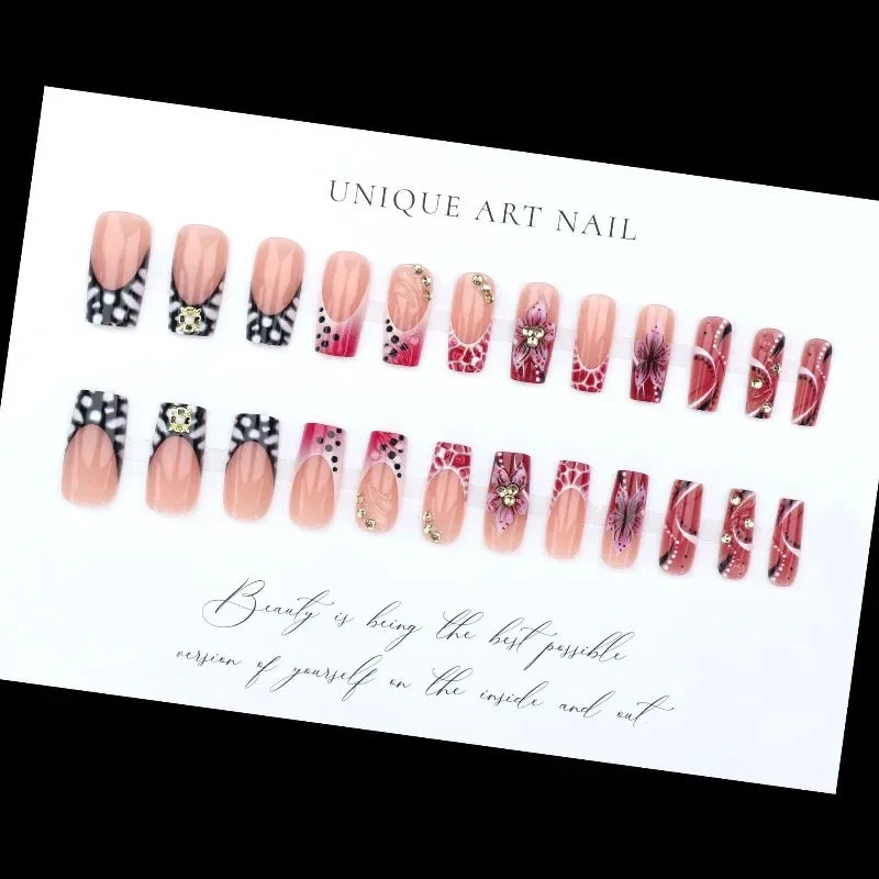 24Pcs Long Square Press on Nails Leopard Print French 3D Cherry Design False Nail Rhinestone Wearable Full Cover Fake Nails Tips