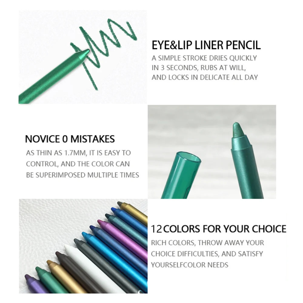 12 Pcs Set of Waterproof Eyeliner Pens with Shimmering Effects - Includes Eyeshadow Durable and Easy to Color Highlighter