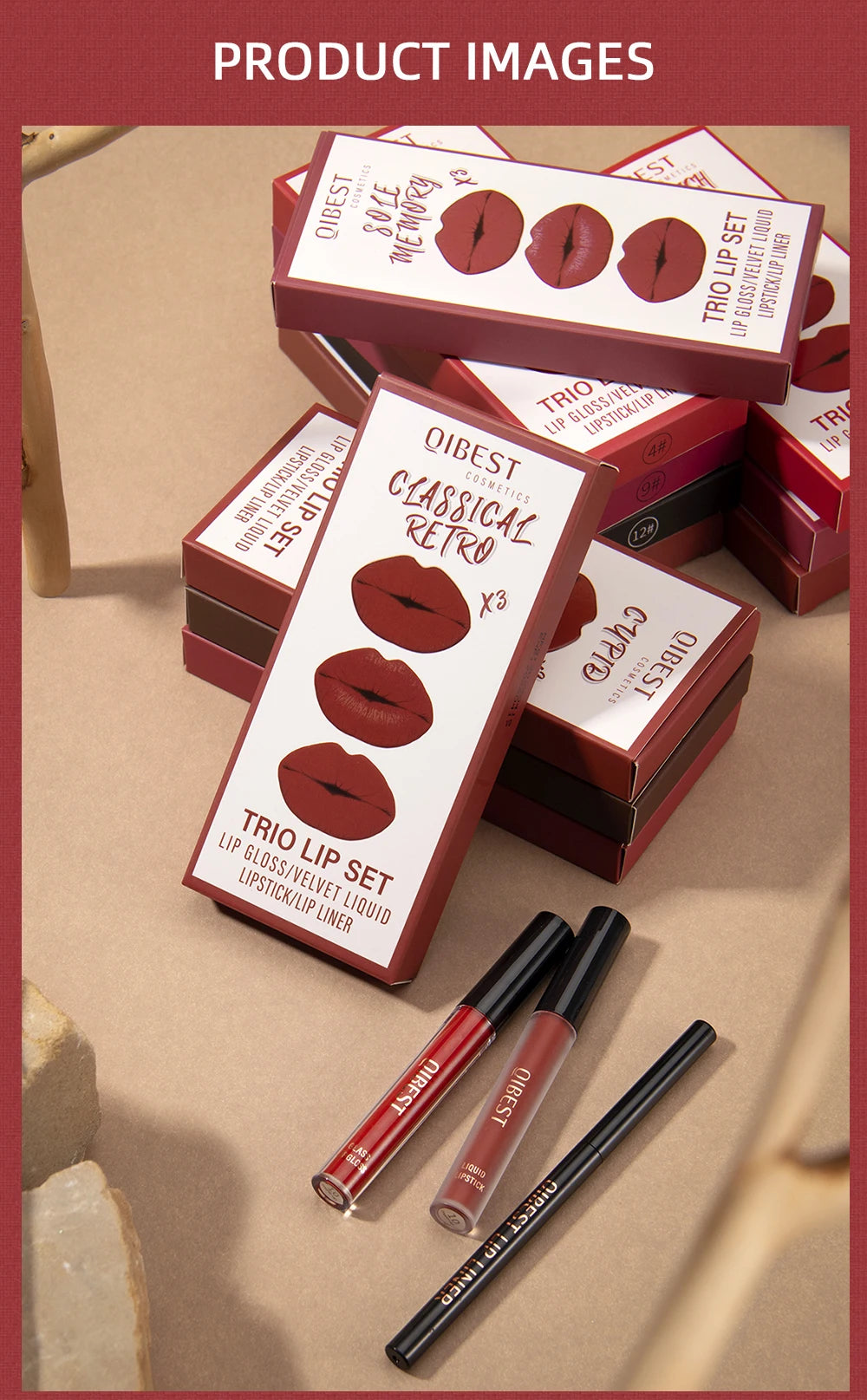 QIBEST 3pcs/set Liquid Lipstick+Lip Liner Lasting Black Brown Purple Red Matte Lip Gloss Nude Lip Stain Tint Makeup Lip Pencil
