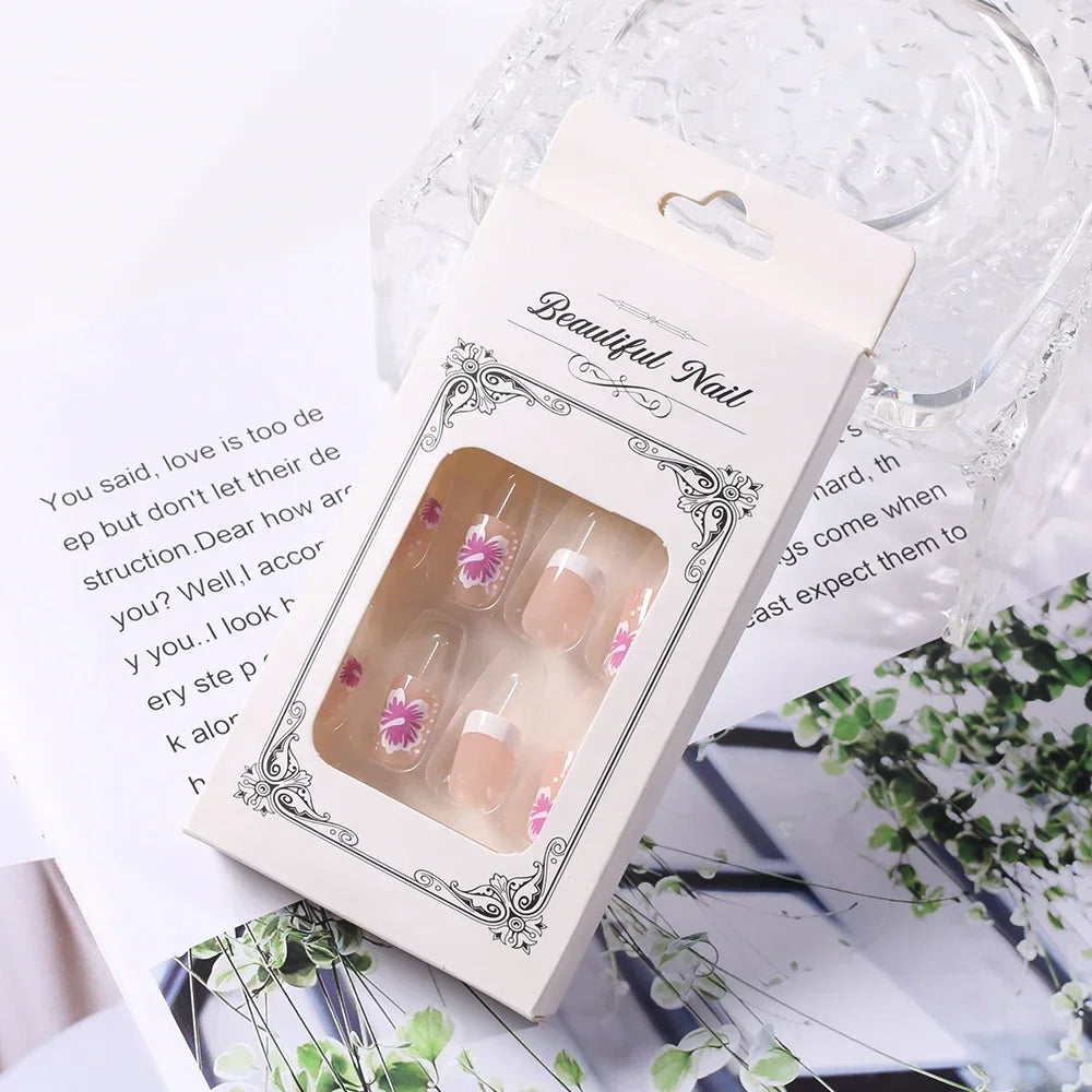 24Pcs Short Square Pink Floral French Press On Nails Clear Base Hand Drawn Flower Reusable With Adhesive Glue For Women Daily Party DIY Spring Summer Manicure Supply