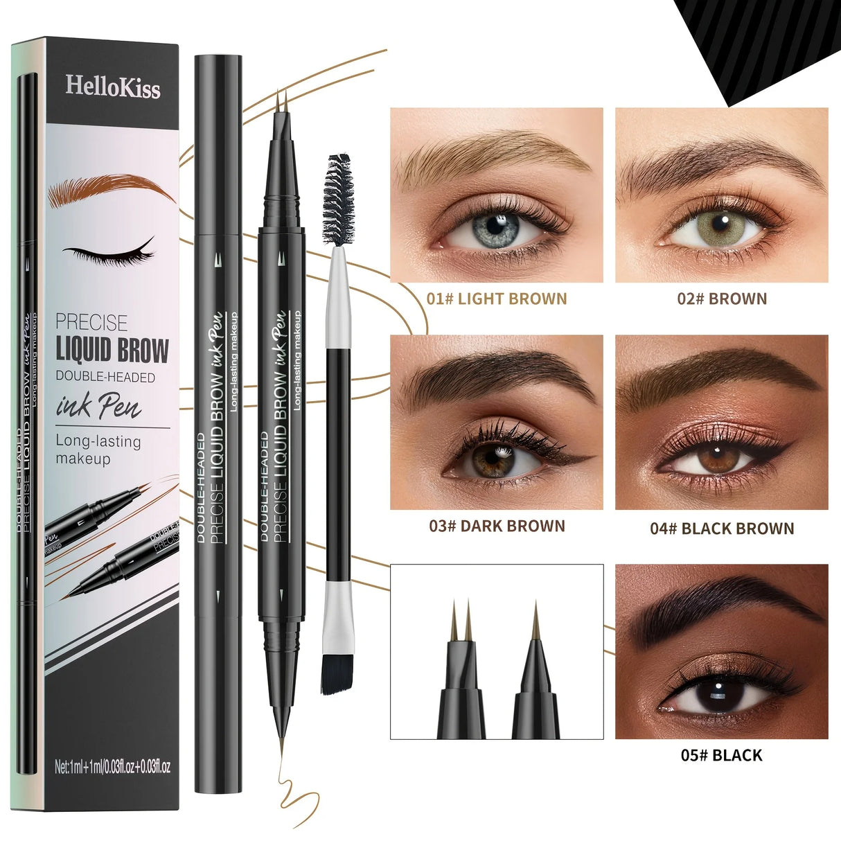 Waterproof Dual-Tip Liquid Eyebrow Pencil, Available in Light Brown, Brown, Dark Brown, Dark Black, and Black, Multi-Pack, for Natural Eyebrow Makeup, Quick-Drying, Sweat-Proof, Smudge-Proof, with Eyebrow Brush, Dual-Tip Liqu