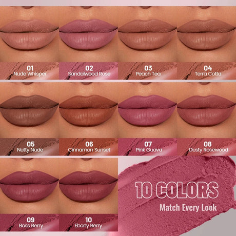 1pc Matte Velvet Lip Gloss, Highly Saturated Liquid Lip Mud, Non-Stick Long Lasting, All Skin Tones Compatible, 5 Shades Mixed P