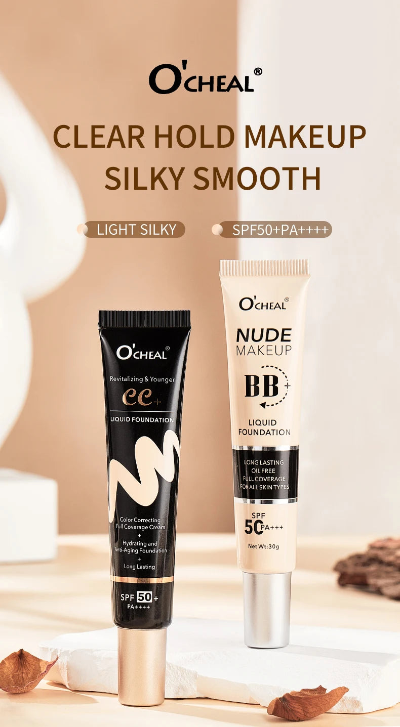 Ocheal 30g BB/CC sunscreen Cream SPF 50/PA+++ Facial Liquid Foundation Cream Long Lasting Coverage Oil Free All Skin Makeup