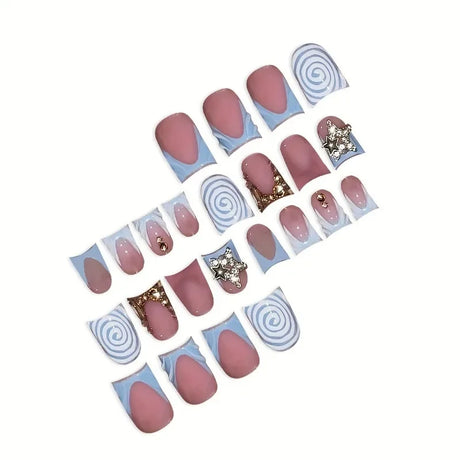 24pcs Short Duckbill False Nails Wearable Blue French Fake Nails Star Flash Rhinestones Decor Gradient Y2k Nails Press on 2030